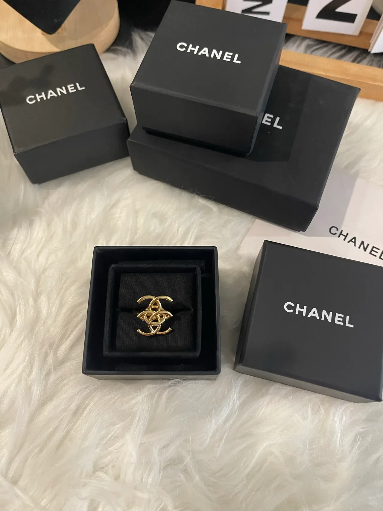 Chanel Gold Black Interlocking CC Motif Polished Ring 15