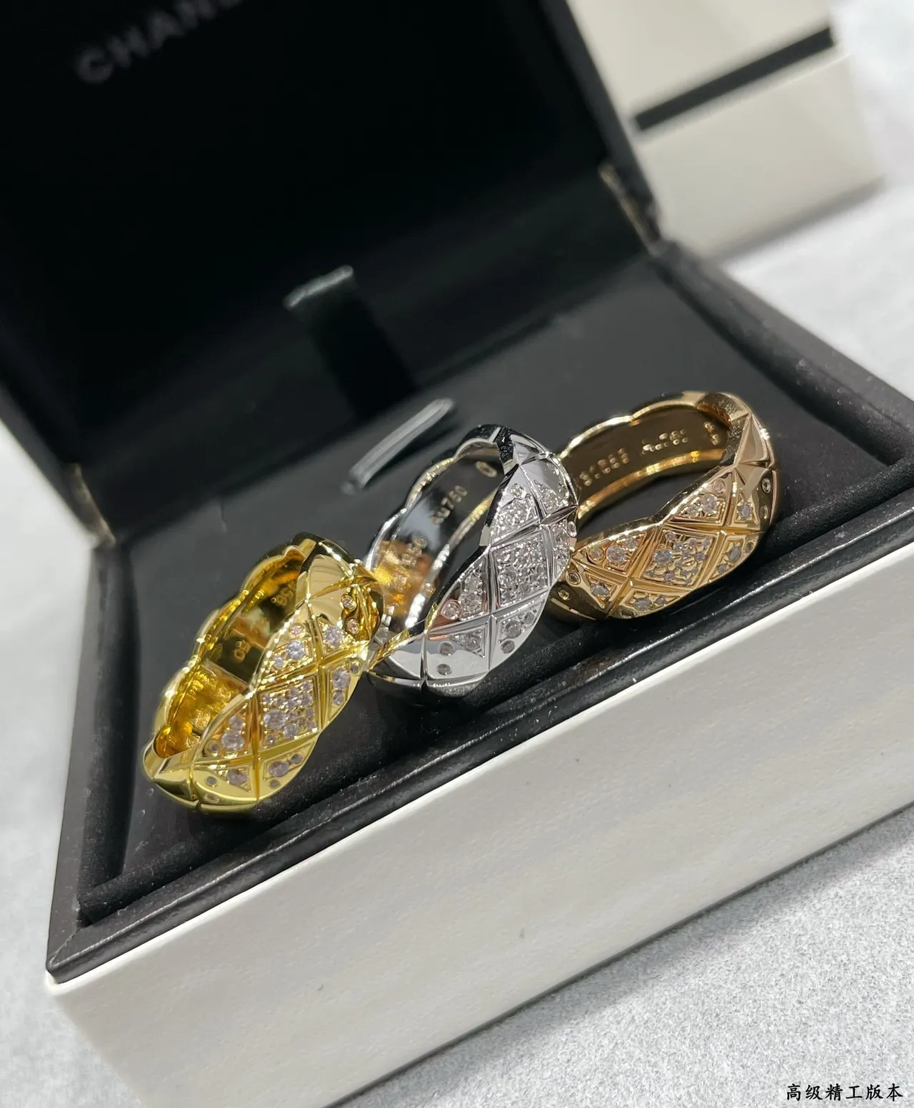 Chanel Gold Silver Quilted Pavé Rose Ring 8
