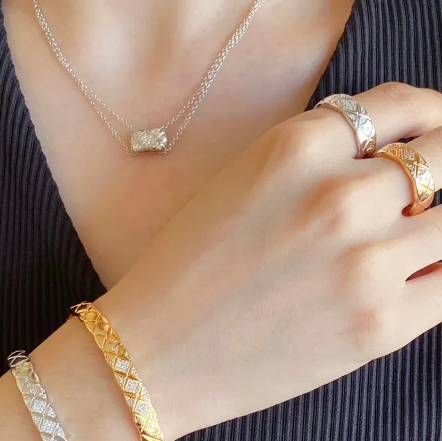 Chanel Gold Silver Quilted Pavé Rose Ring 9