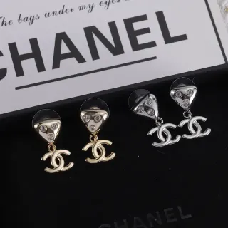 Chanel 金银三角形水晶镶嵌钉式垂坠互锁CC标志耳环