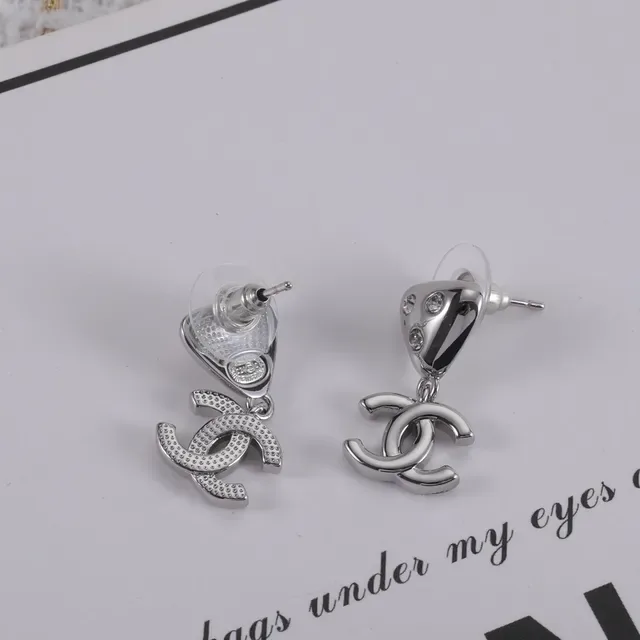 Chanel Gold Silver Triangular Crystal-Set Stud Dangling Interlocking CC Logo Earrings 3