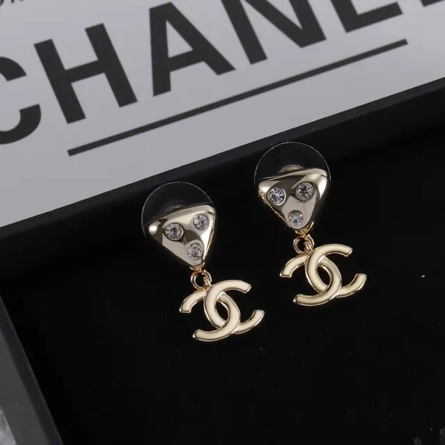 Chanel Gold Silver Triangular Crystal-Set Stud Dangling Interlocking CC Logo Earrings 5
