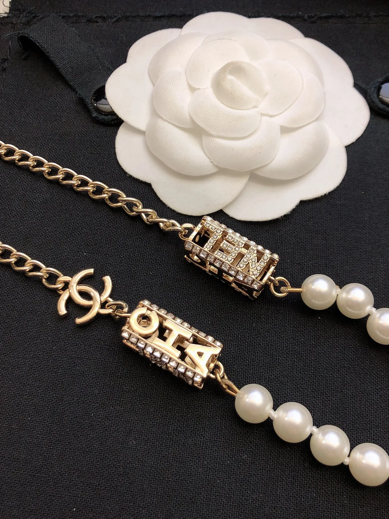 Chanel Gold White Chain Faux Pearl Strand Necklace 6