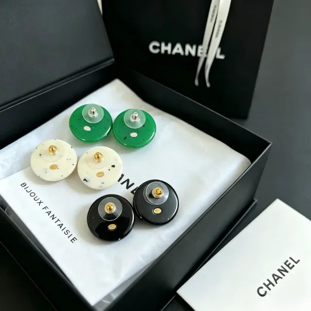 Chanel Green Speckled Resin CC Logo Spherical Stud Earrings 2