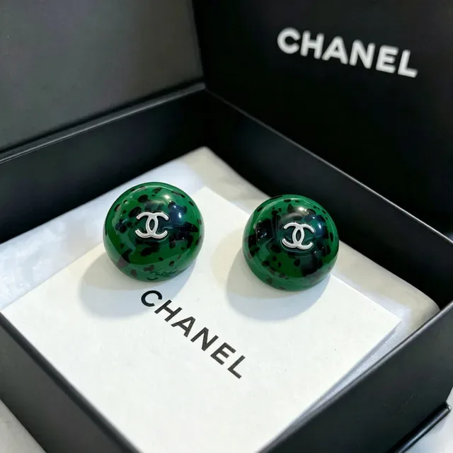Chanel Green Speckled Resin CC Logo Spherical Stud Earrings 4