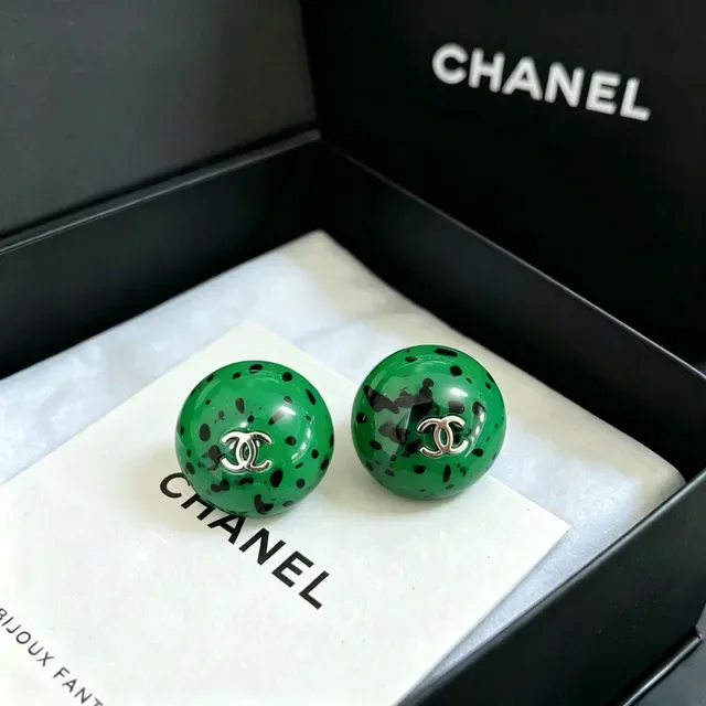 Chanel Green Speckled Resin CC Logo Spherical Stud Earrings 7