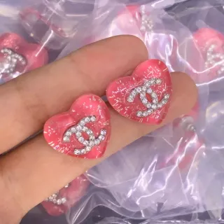 Chanel Heart-Shaped Crystal CC Logo Pink Resin Earrings