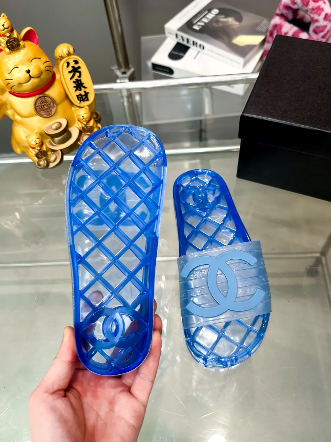 Chanel Jelly Slide Azul Transparente Material Suela Quiltada Slippers 3