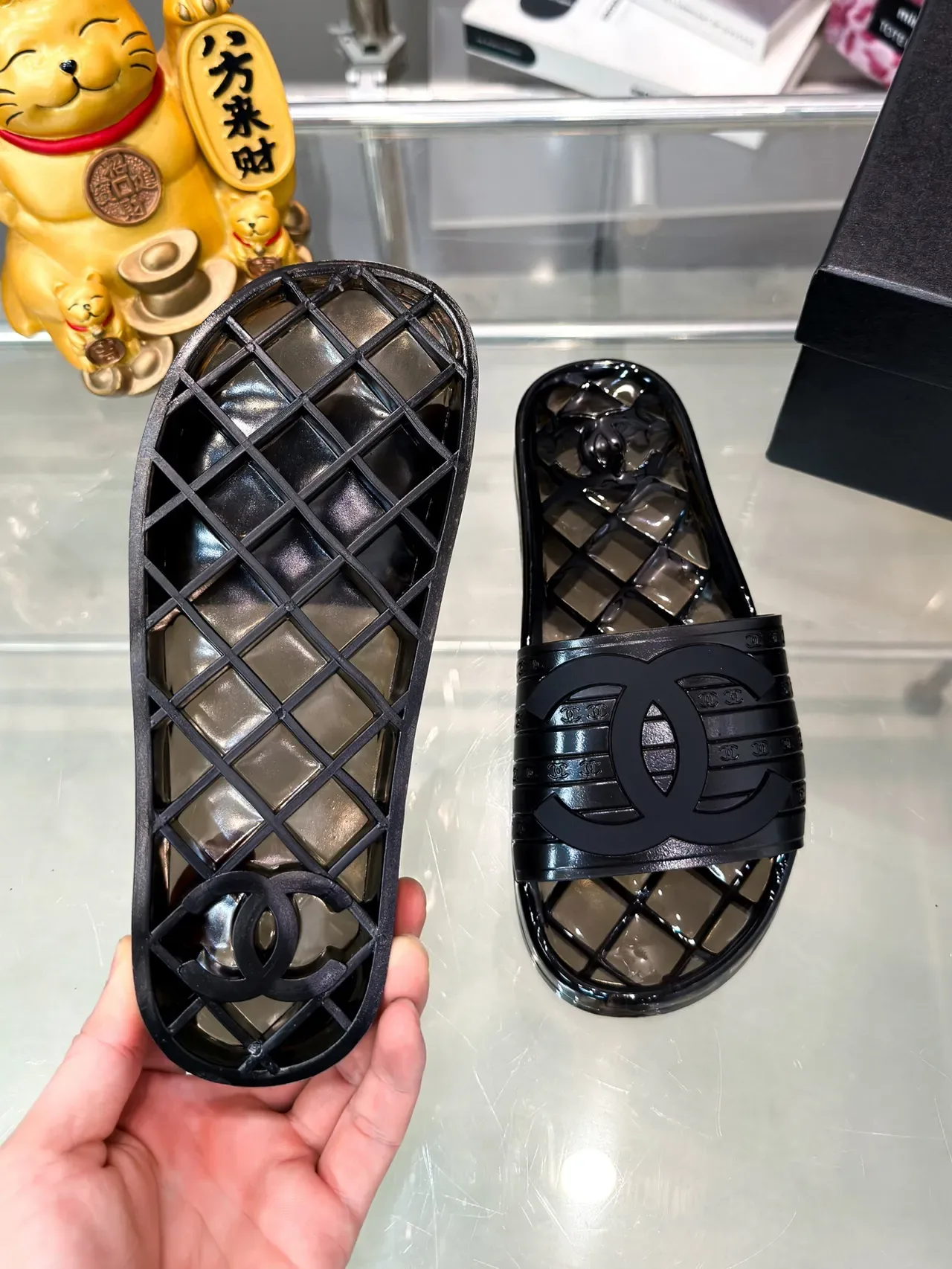 Chanel Jelly Slide Azul Transparente Material Suela Quiltada Slippers 4