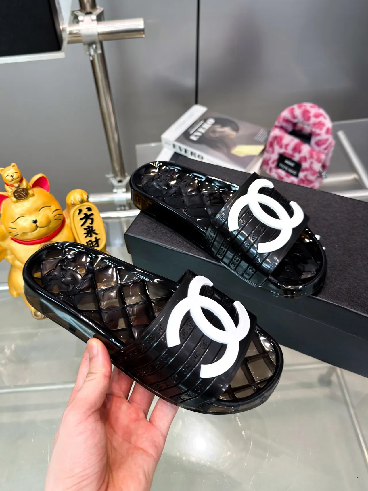 Chanel Jelly Slide Azul Transparente Material Suela Quiltada Slippers 6
