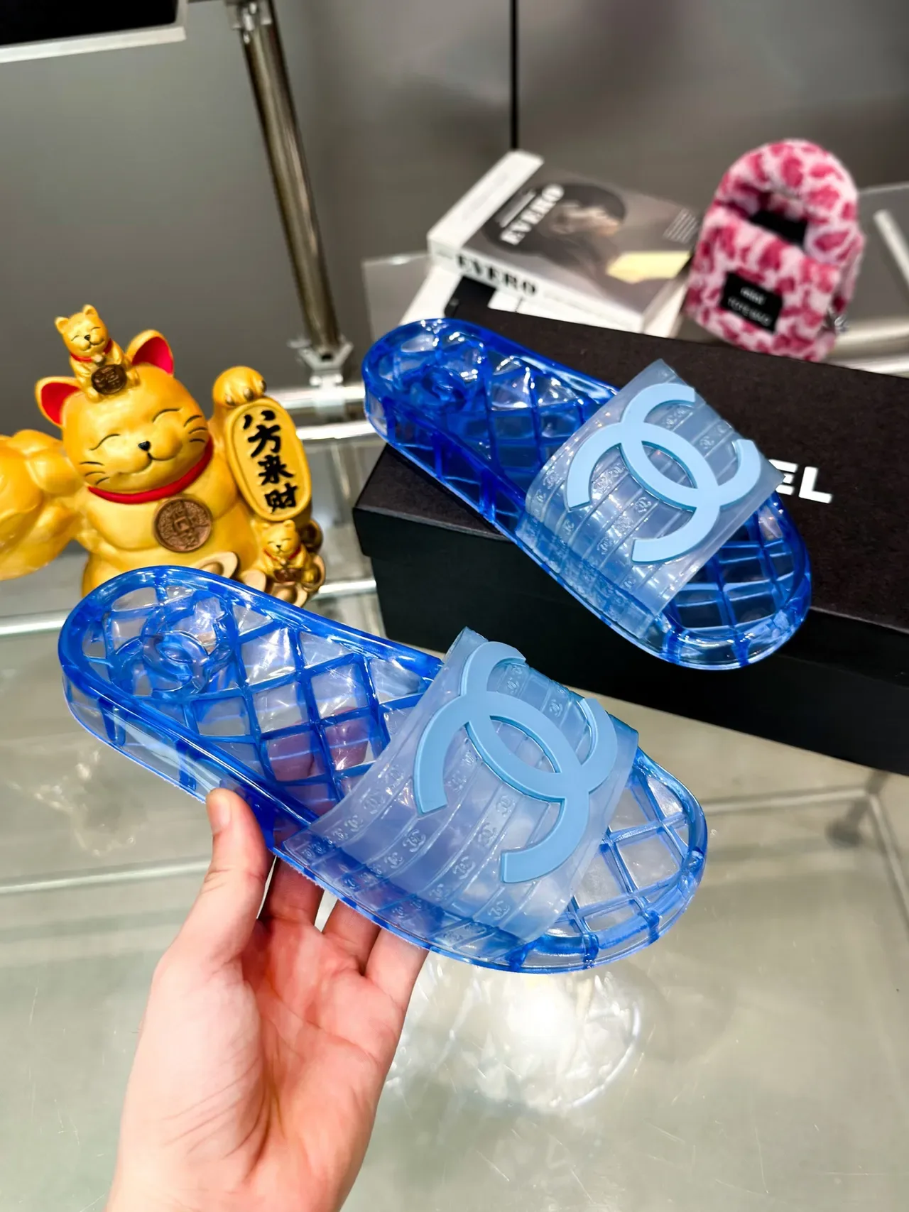 Chanel Jelly Slide Azul Transparente Material Suela Quiltada Slippers 7