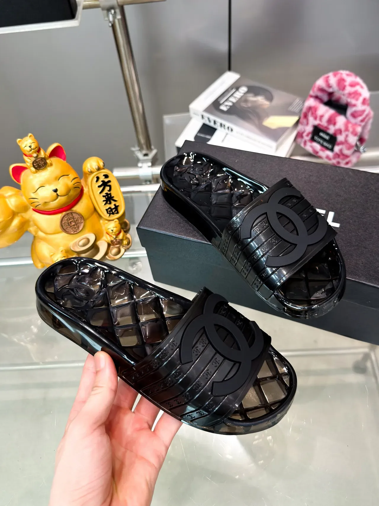 Chanel Jelly Slide Azul Transparente Material Suela Quiltada Slippers 8