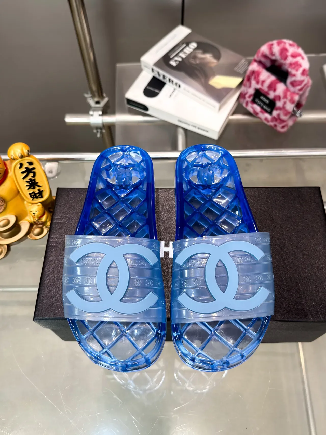 Chanel Jelly Slide Azul Transparente Material Suela Quiltada Slippers 11