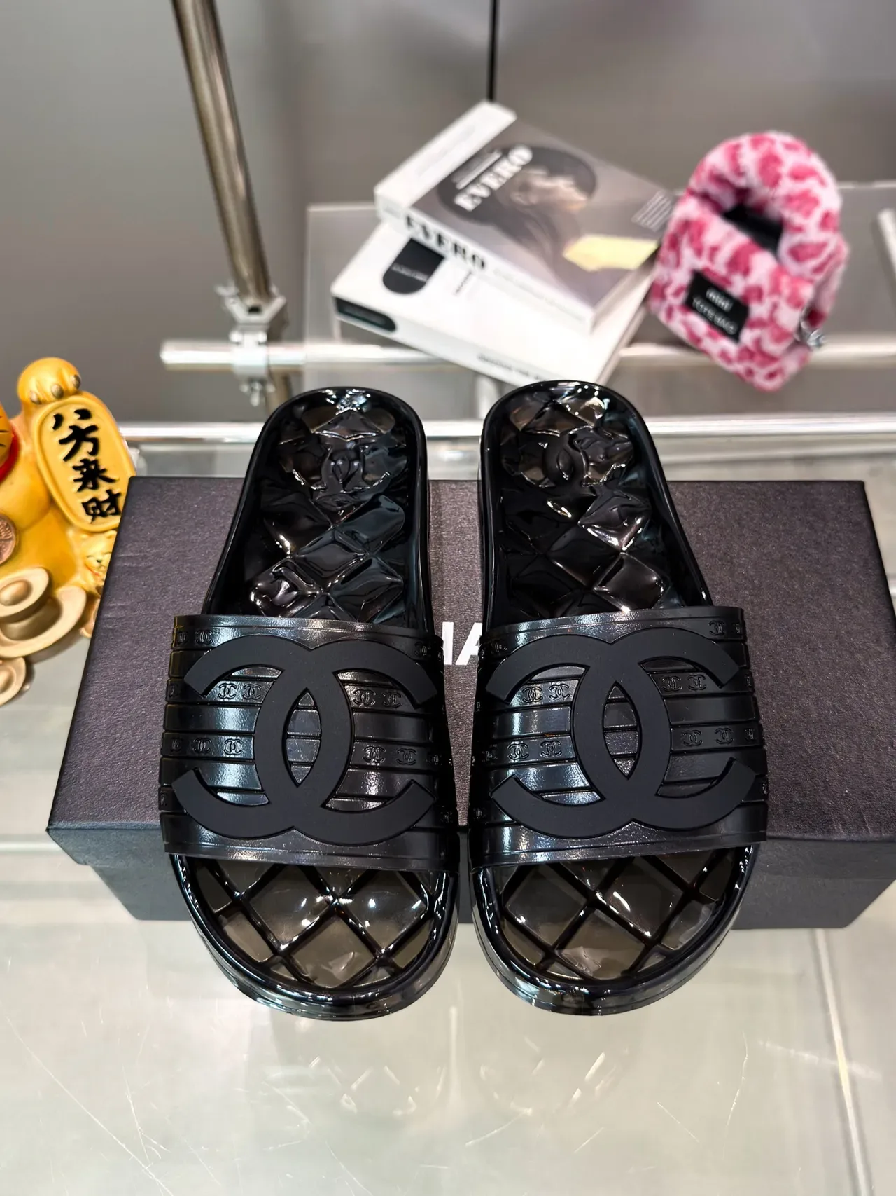 Chanel Jelly Slide Azul Transparente Material Suela Quiltada Slippers 12