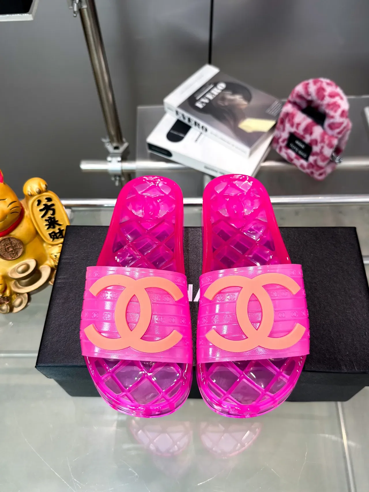 Chanel Jelly Slide Azul Transparente Material Suela Quiltada Slippers 13