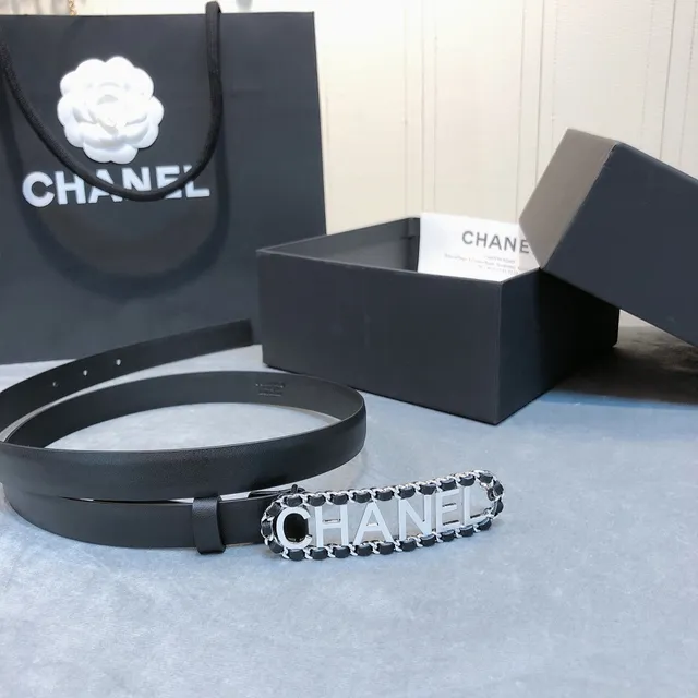 Chanel Logo Belt Ceinture Noire Chaînette Argentée Ceinture en Cuir 3
