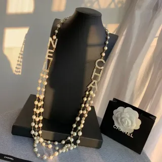 Chanel Logo Pearl Necklace Beige Gold Multi-Strand Necklace