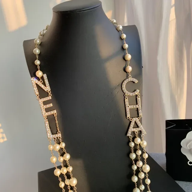 Collier Chanel Logo Perle Beige Or Multi-Strand 3