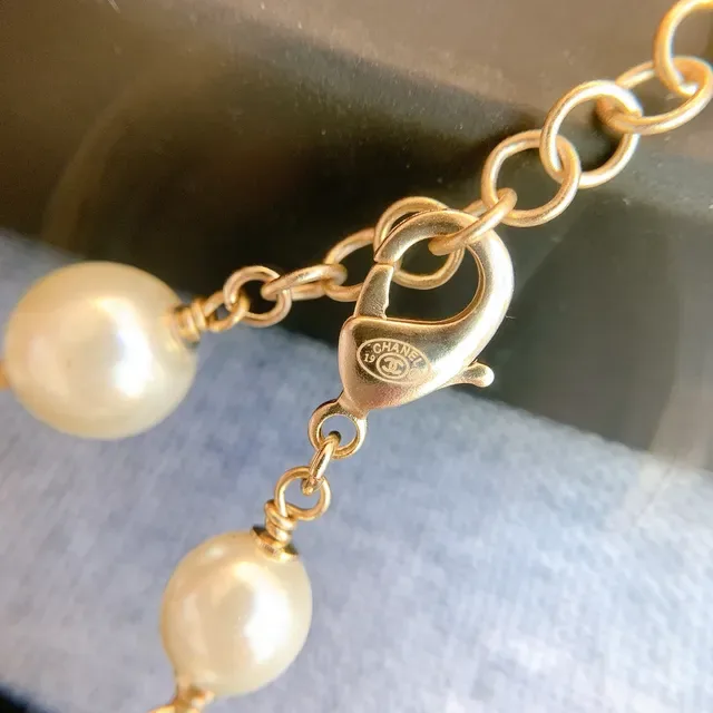 Collier Chanel Logo Perle Beige Or Multi-Strand 6