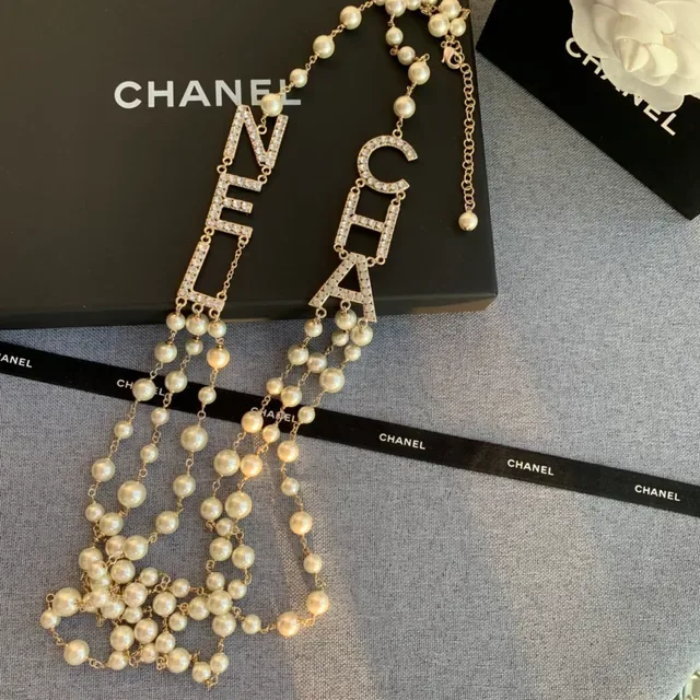 Collier Chanel Logo Perle Beige Or Multi-Strand 8