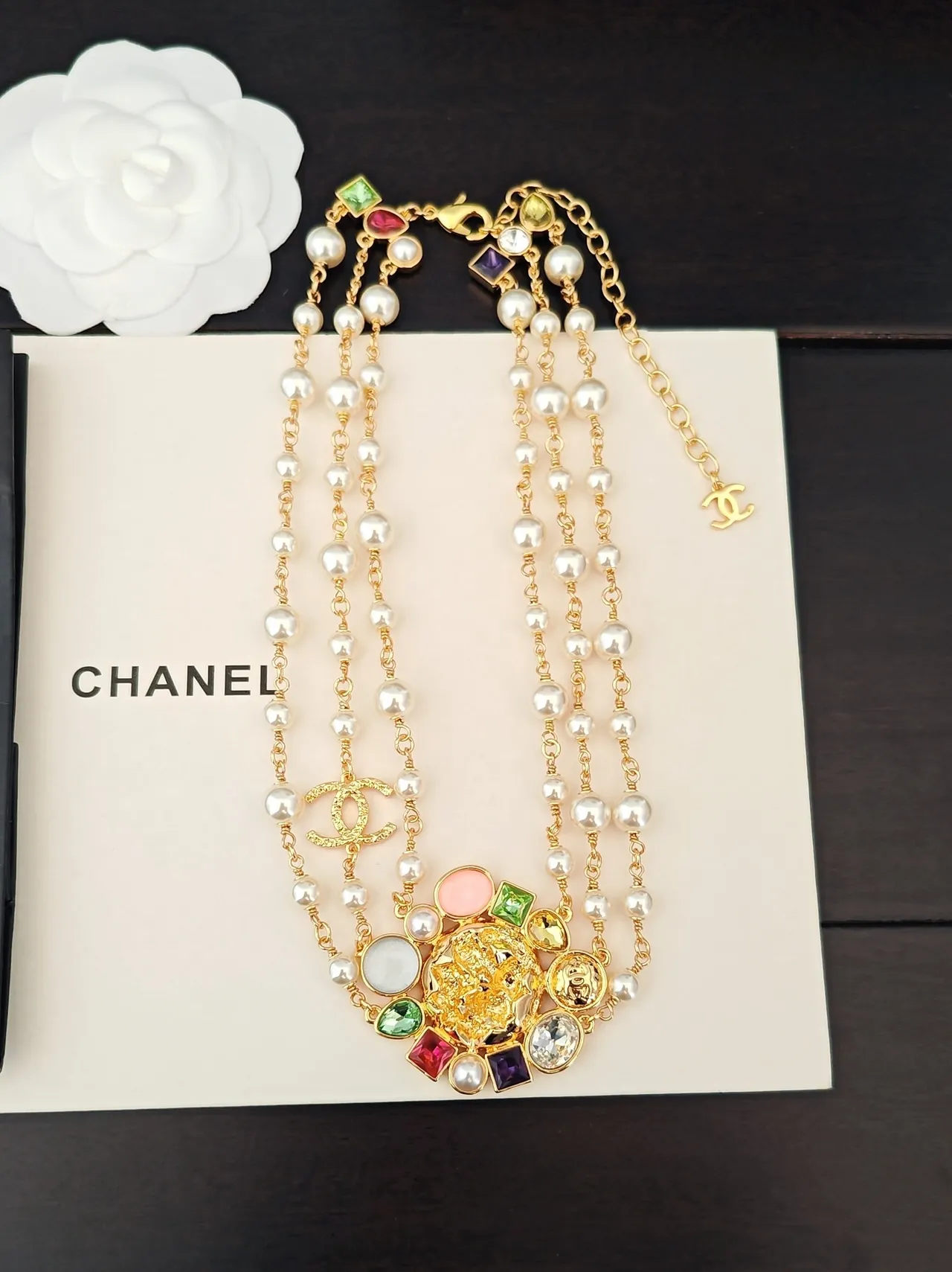 Chanel Multicolor Gemstone Lion Pendant Pearl Chain Necklace 2