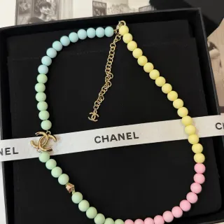 Chanel Multicolor Gold Gradient Pastel Resin Beads CC Logo Clasp Necklace