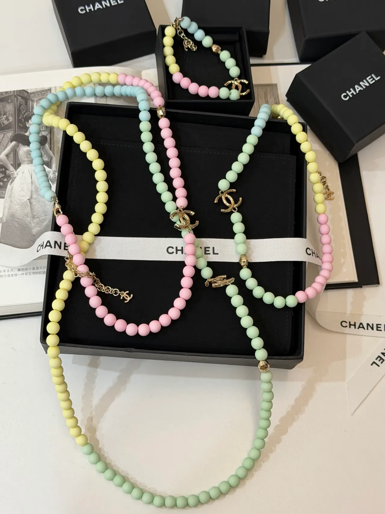 Chanel Multicolor Gold Gradient Pastel Resin Beads CC Logo Clasp Necklace 6