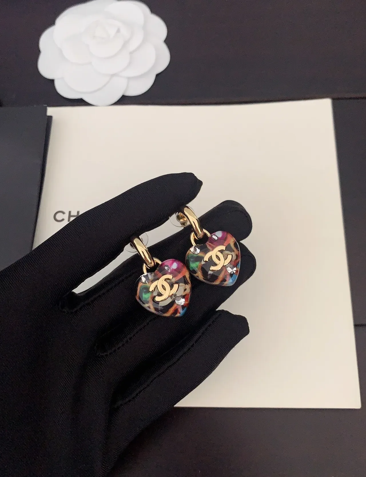 Chanel Multicolor Gold Heart-Shaped Resin Earrings 1