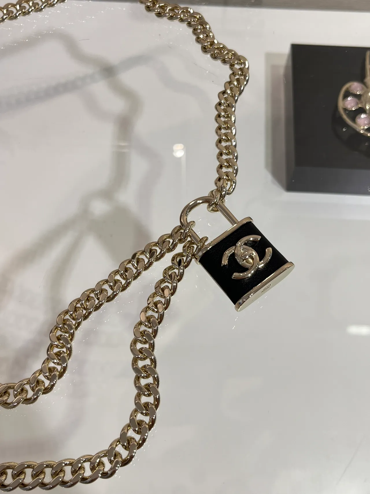 Chanel Padlock Necklace Gold Black Curb Chain CC Logo Charm Necklace 3