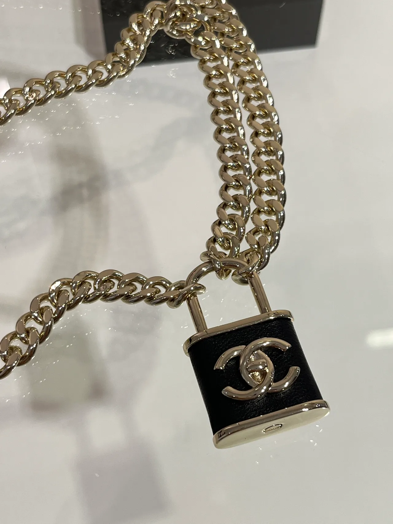 Chanel Padlock Necklace Gold Black Curb Chain CC Logo Charm Necklace 4