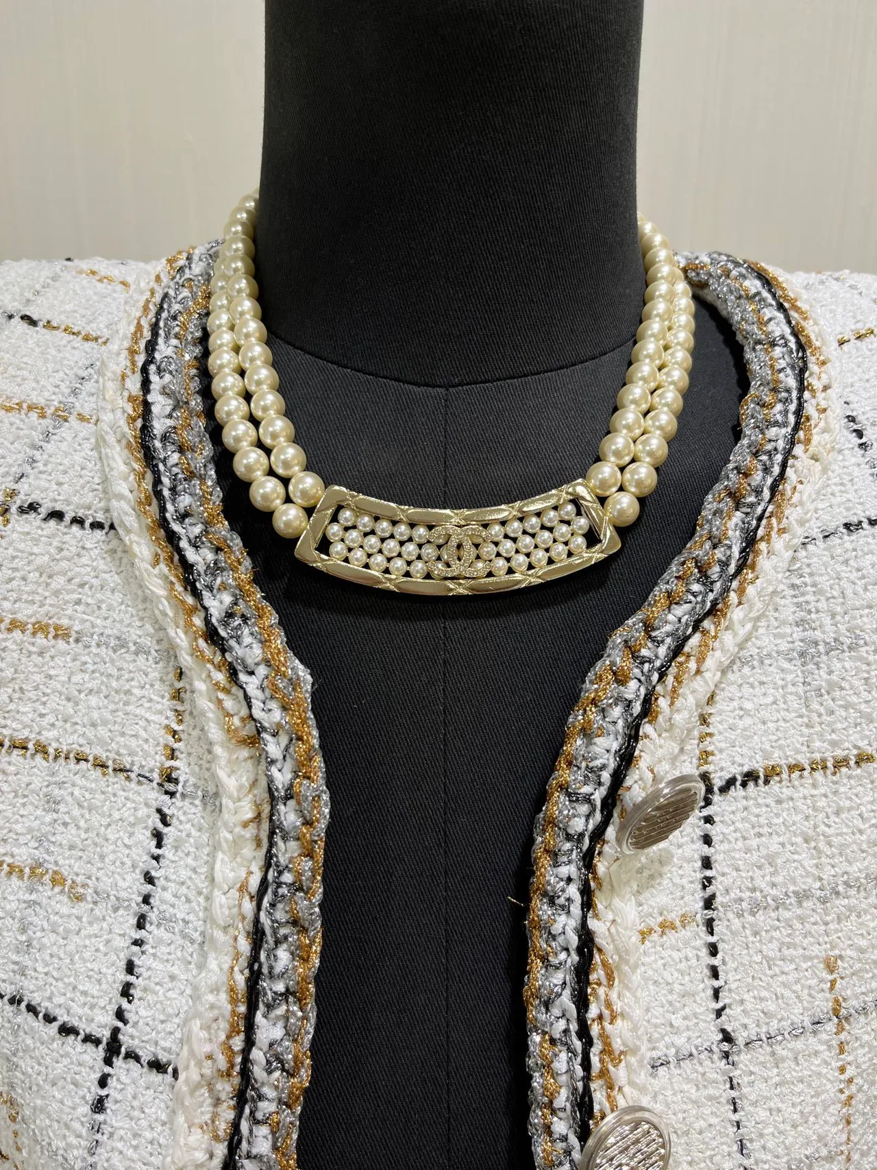 Chanel Pearl Collar Necklace Beige Gold Double-Strand Quilted Plaque Necklace 2