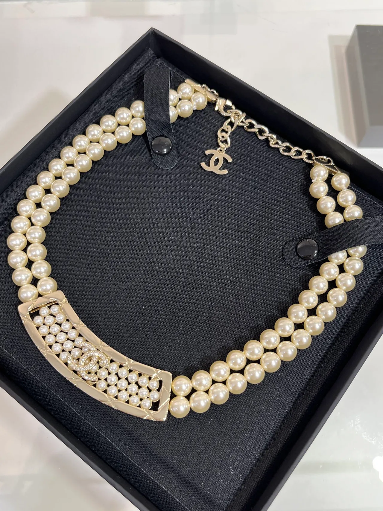Chanel Pearl Collar Necklace Beige Gold Double-Strand Quilted Plaque Necklace 3