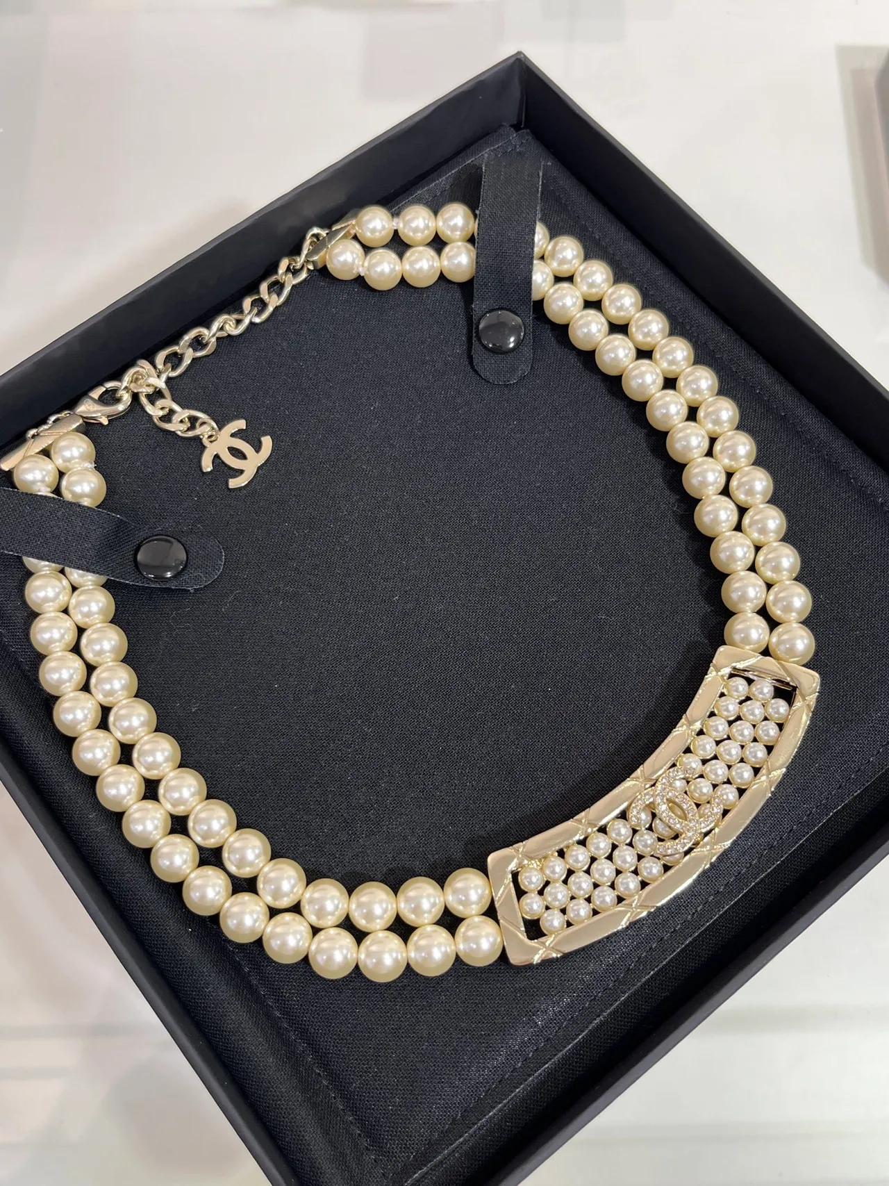 Chanel Pearl Collar Necklace Beige Gold Double-Strand Quilted Plaque Necklace 4