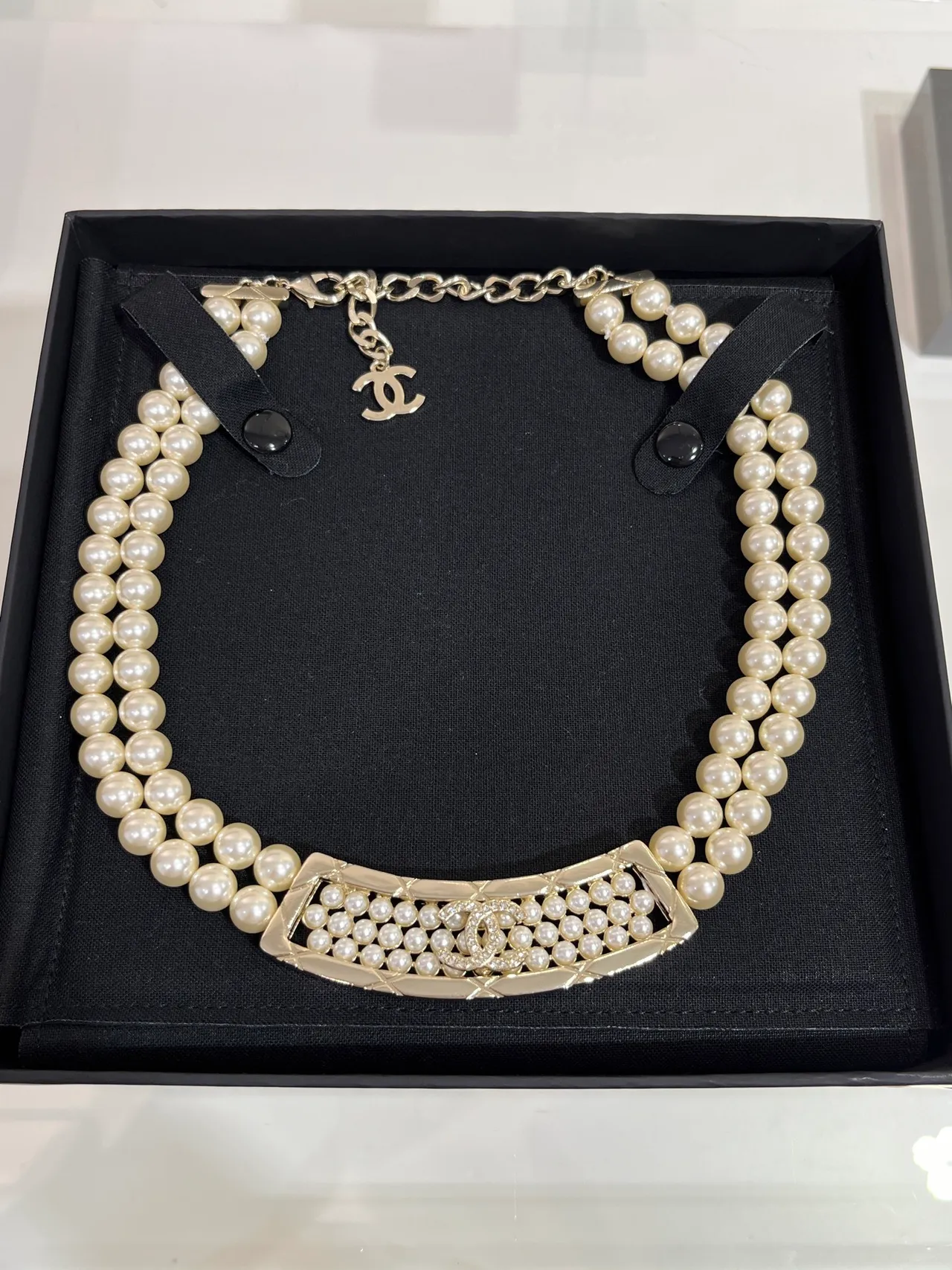 Chanel Pearl Collar Necklace Beige Gold Double-Strand Quilted Plaque Necklace 5