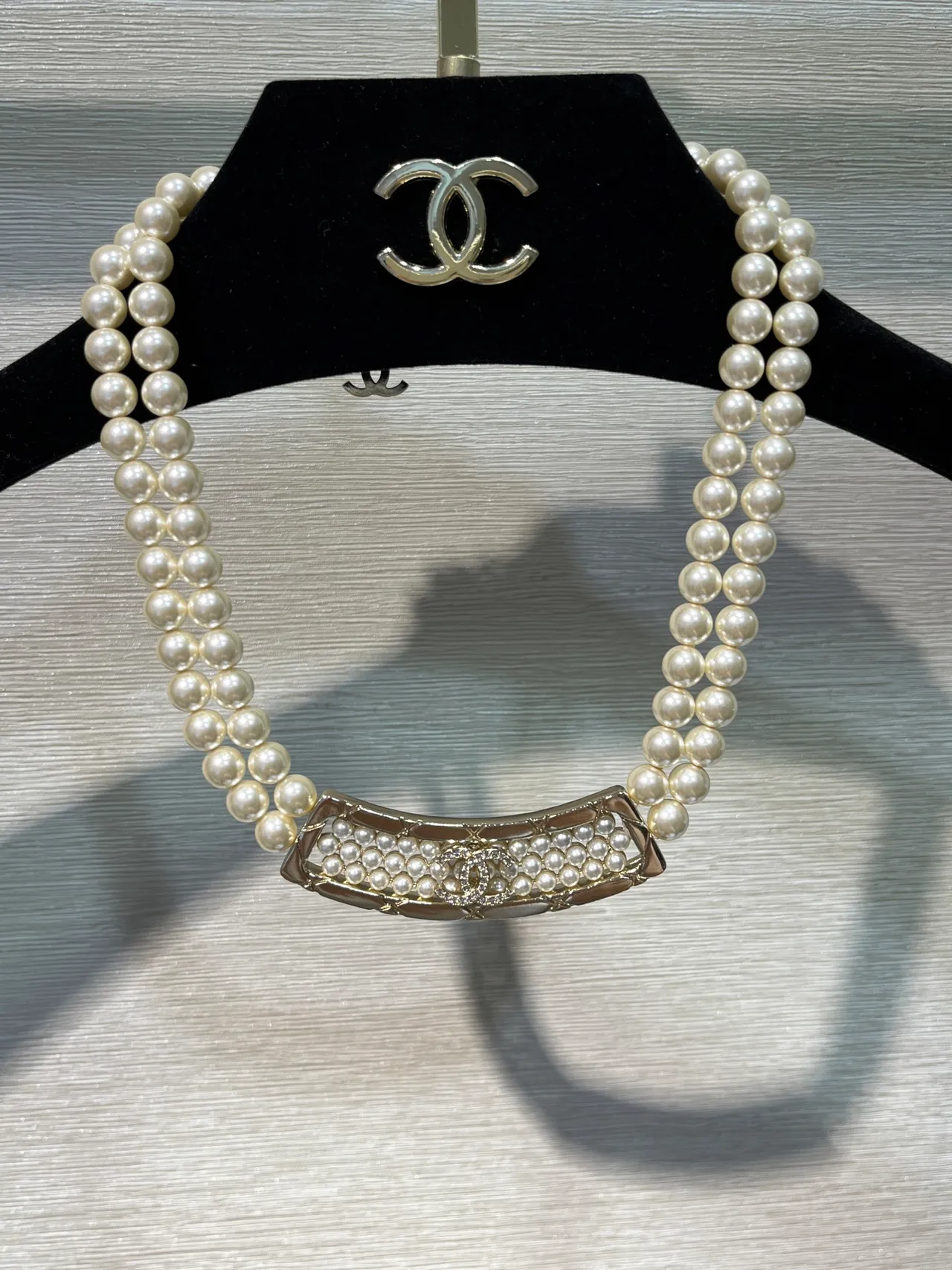 Chanel Pearl Collar Necklace Beige Gold Double-Strand Quilted Plaque Necklace 6