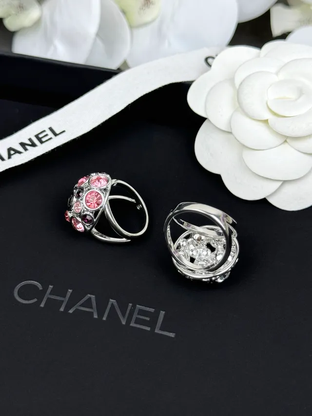 Chanel Pink Black Dome-Shaped Cluster Faceted And Stones Ring 7