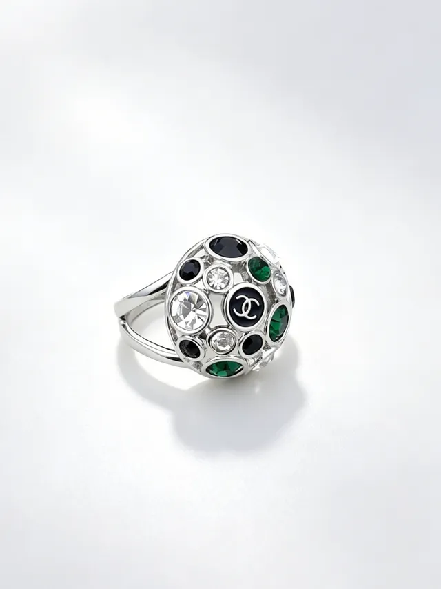 Chanel Pink Black Dome-Shaped Cluster Faceted And Stones Ring 8