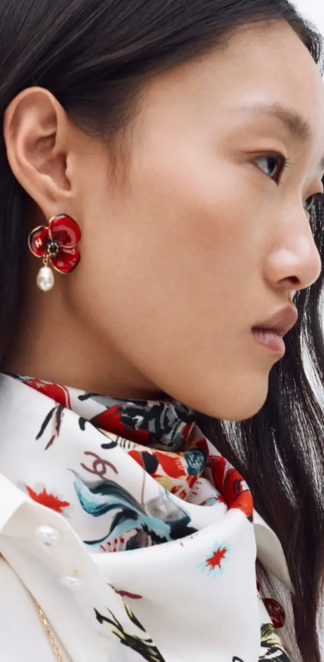 Chanel Poppy Flower Enamel and Pearl Earrings 2