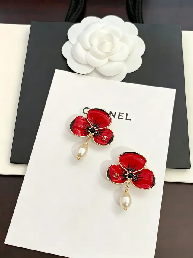 Chanel Poppy Flower Enamel and Pearl Earrings 10