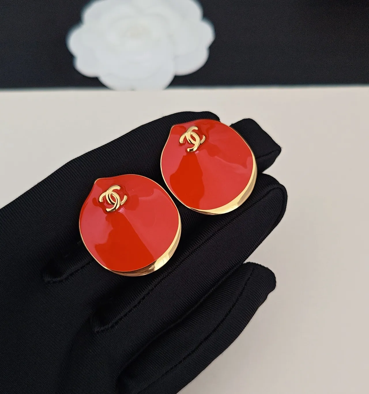 Chanel Red Enamel CC Logo Stud Earrings 2
