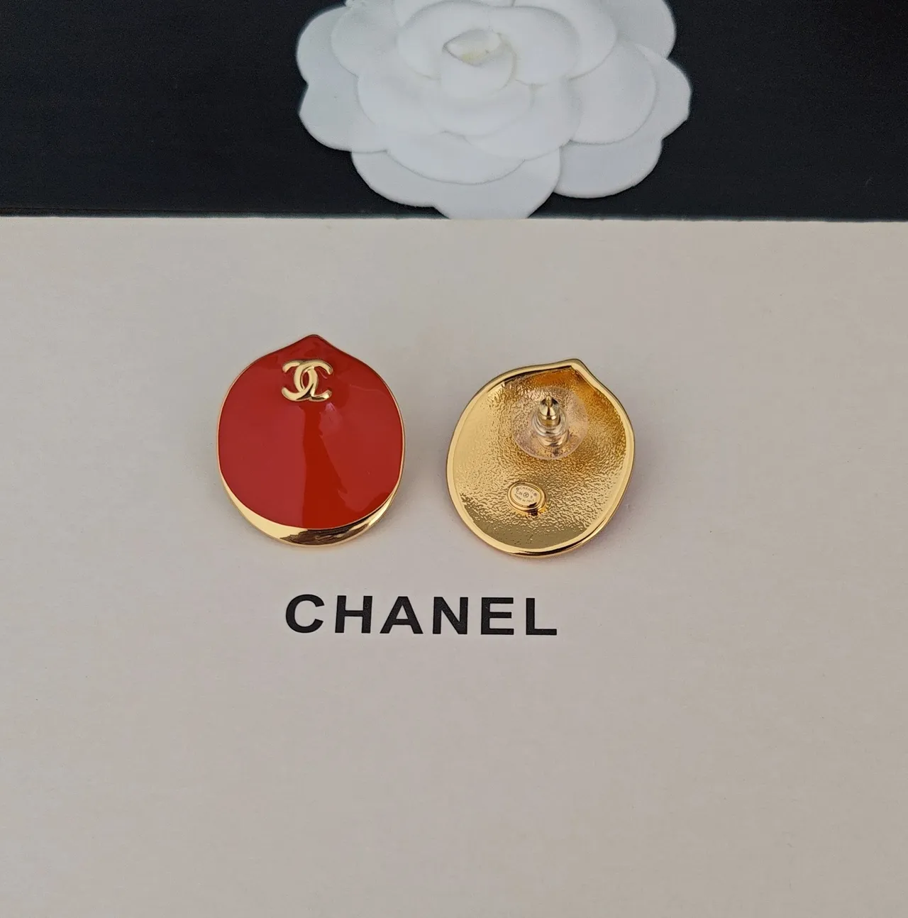 Chanel Red Enamel CC Logo Stud Earrings 3