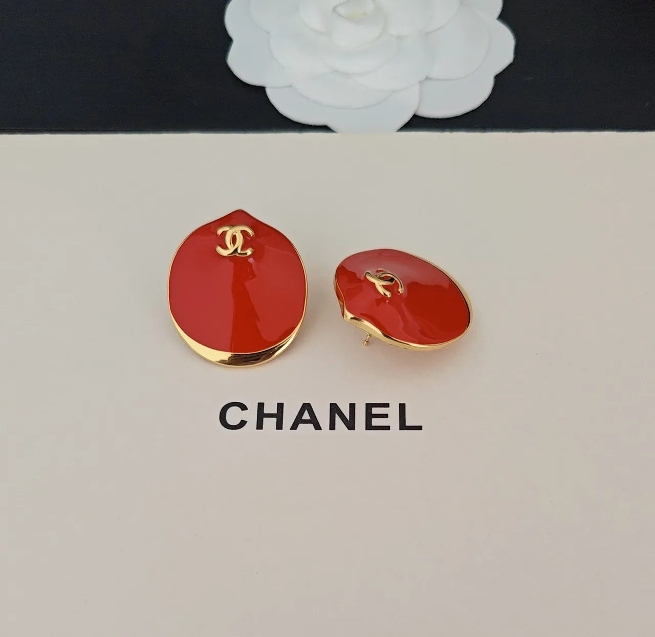 Chanel Red Enamel CC Logo Stud Earrings 4