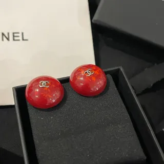 Chanel 红色银色 光泽树脂 橙色斑点 耳环