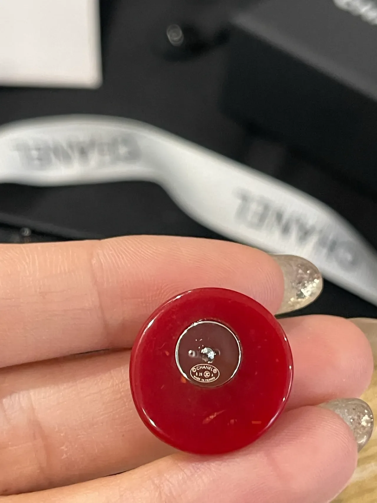 Chanel Red Silver Glossy Resin Marbled Orange Flecks Earrings 3