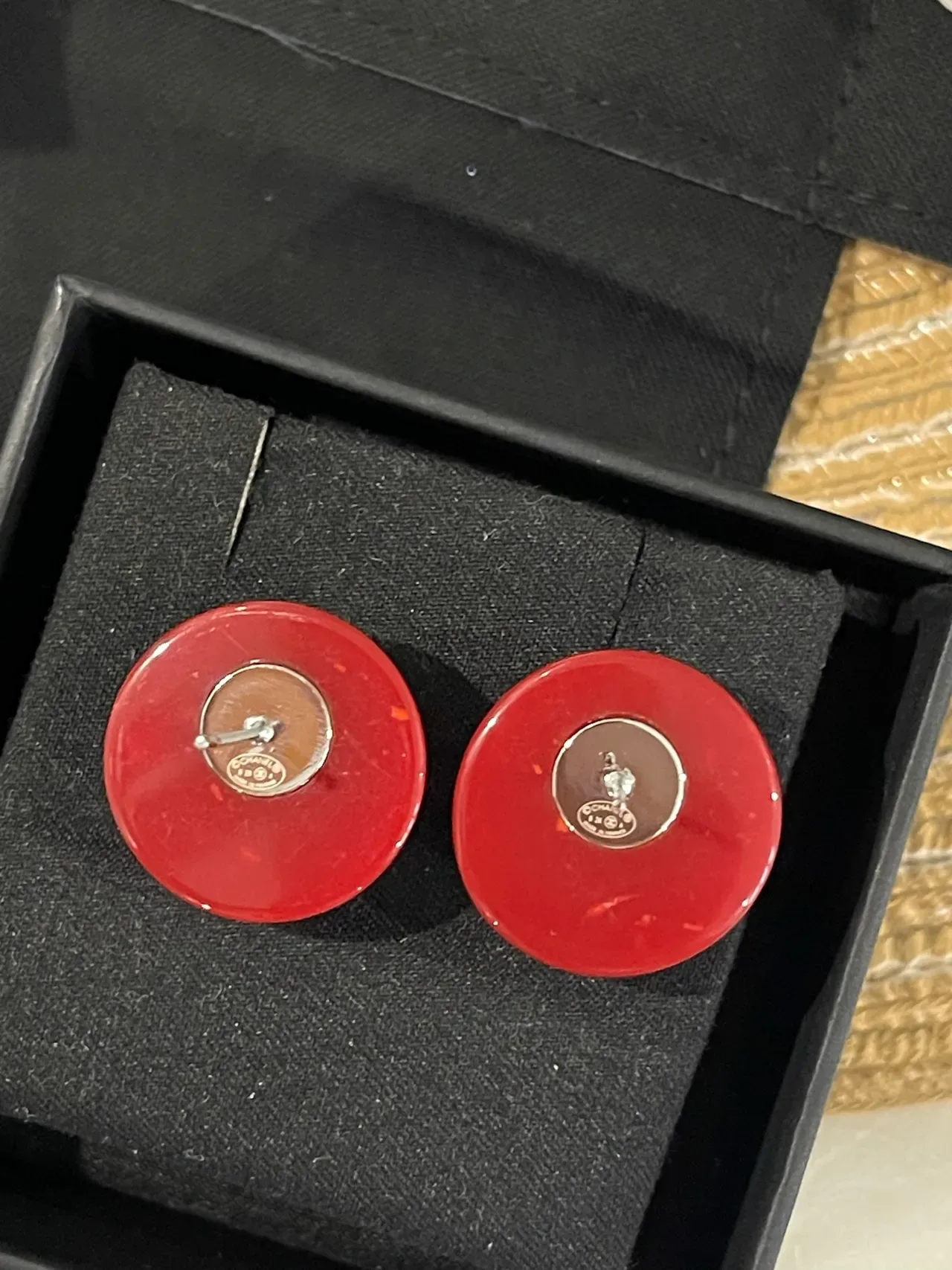 Chanel Red Silver Glossy Resin Marbled Orange Flecks Earrings 4