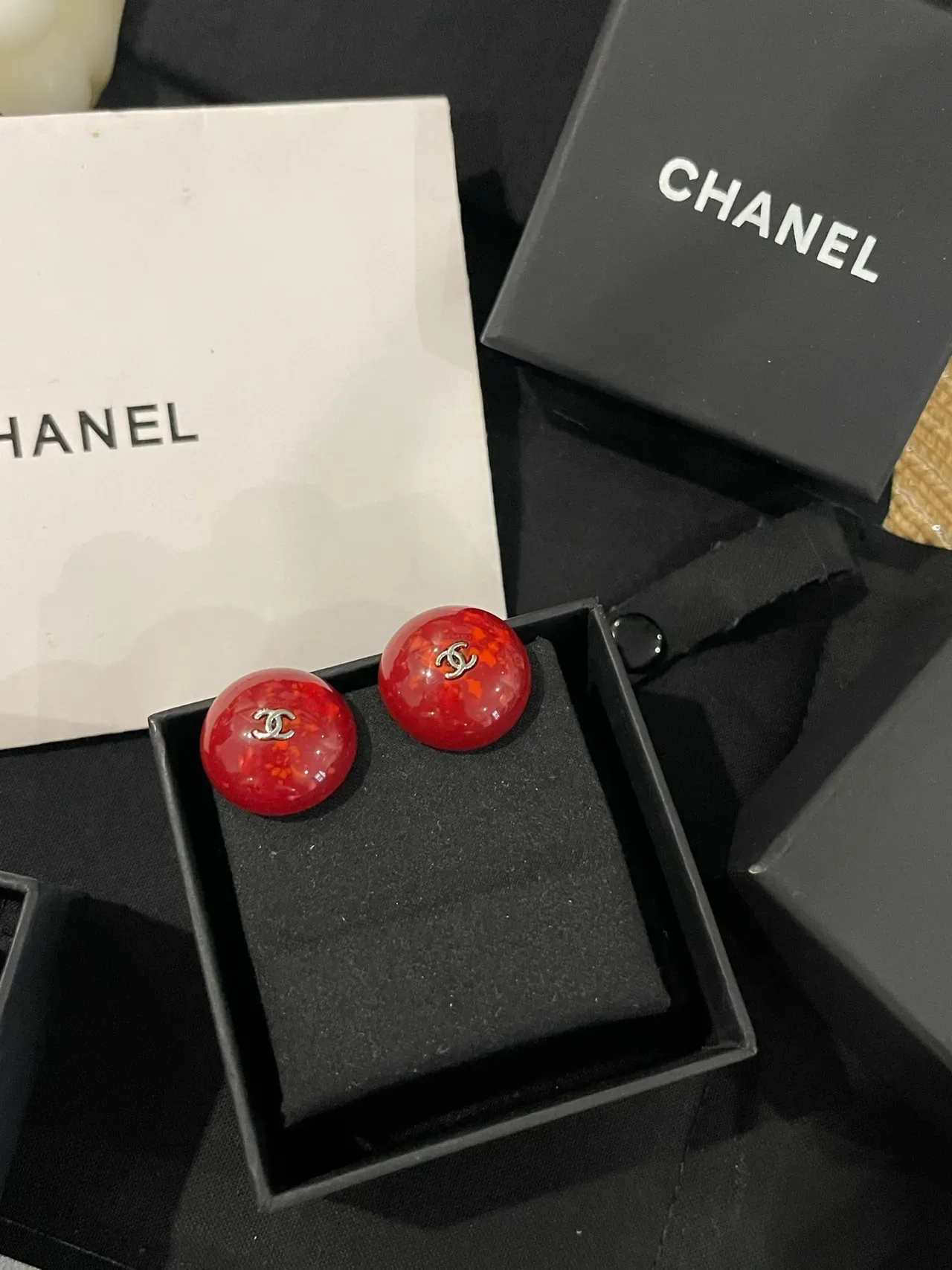 Chanel Red Silver Glossy Resin Marbled Orange Flecks Earrings 5