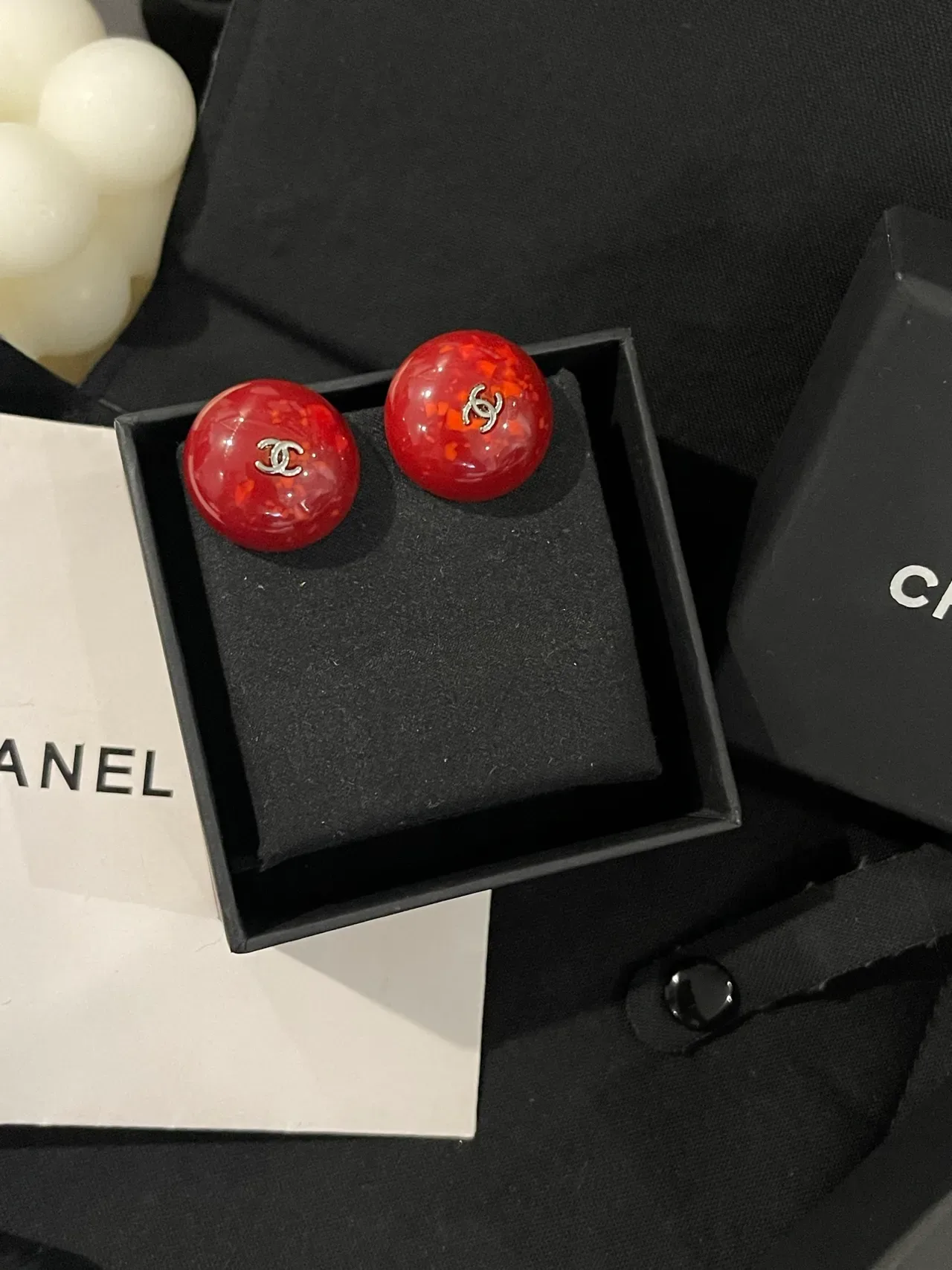 Chanel Red Silver Glossy Resin Marbled Orange Flecks Earrings 6