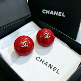 Chanel Spherical Red Resin CC Logo Stud Earrings