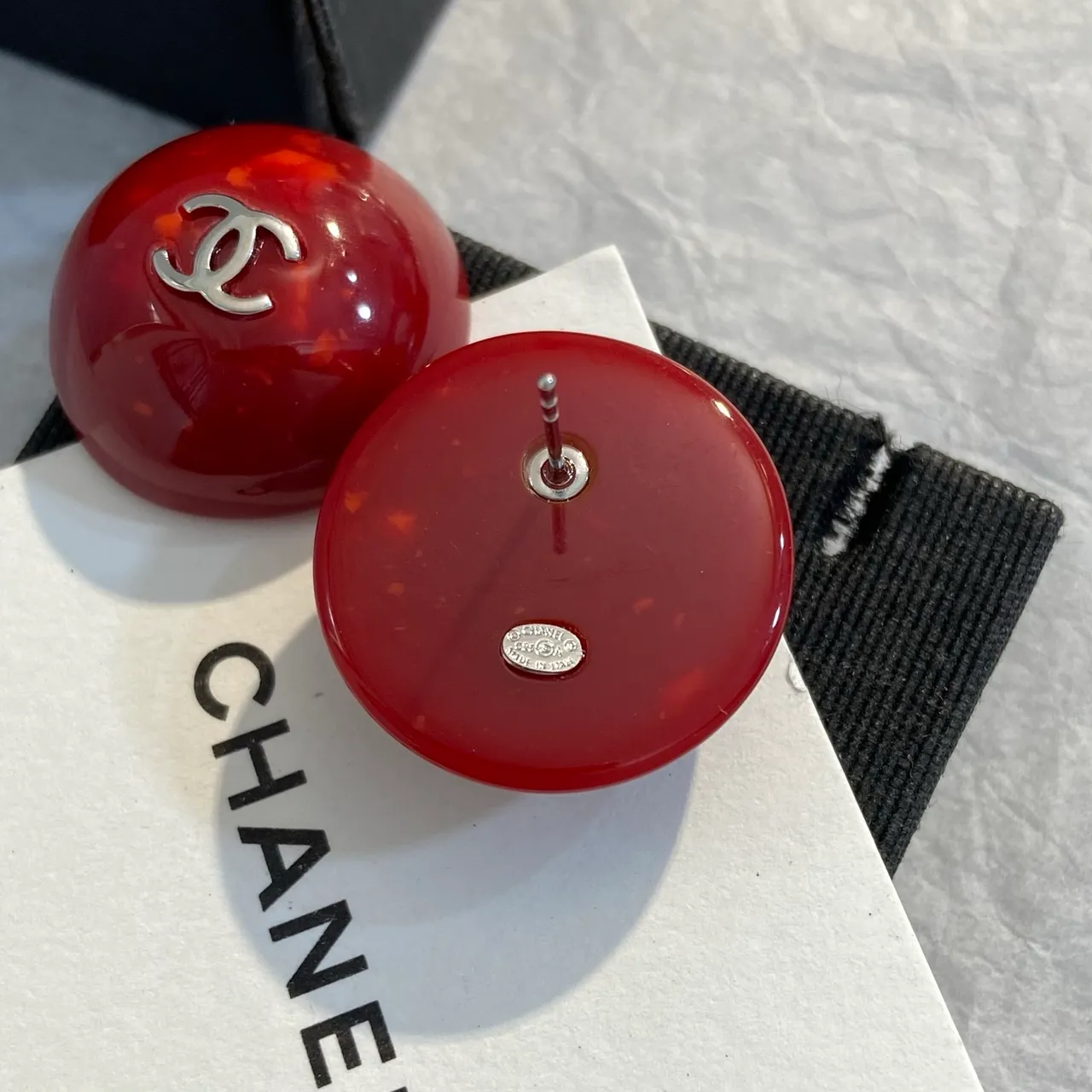 Chanel Spherical Red Resin CC Logo Stud Earrings 2