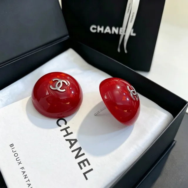 Chanel Spherical Red Resin CC Logo Stud Earrings 3